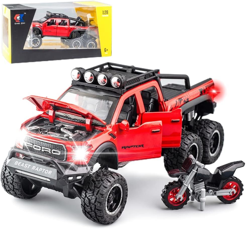 ARNIYAVALA Toy Pickup Trucks for Boys F150 Raptor Diecast Metal Model Car with Sound&Light for Kids Age 3 Year&Up Red