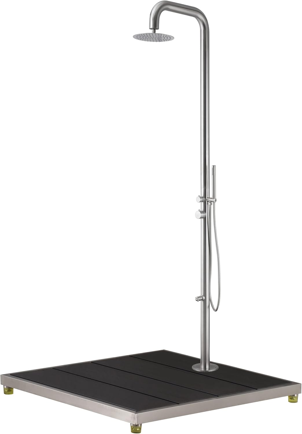 Wayime 91" Separable&Composable Free-Standing Brushed Stainless Steel 304 Rainfall Outdoor Shower with 33 * 30" Stainless Steel Frame Dark Grey Plastic Wood Stand