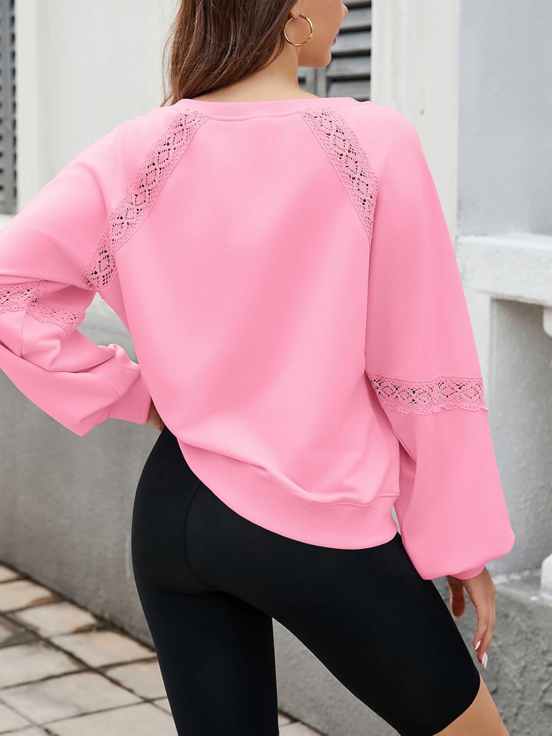 Womens Oversized Sweatshirts V Neck Lace Crochet Lantern Long Sleeve Pullover Cropped Tops Fall Outfits Clothes - Image 4