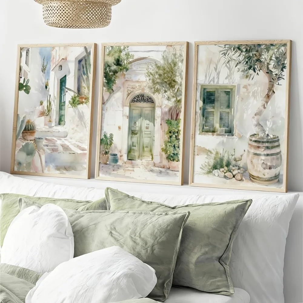 LTjiajuypd Illustration Art,Watercolor Canvas Prints Of Green Plants Mediterranean Living Room Decor(60x90cm-3Pcs)