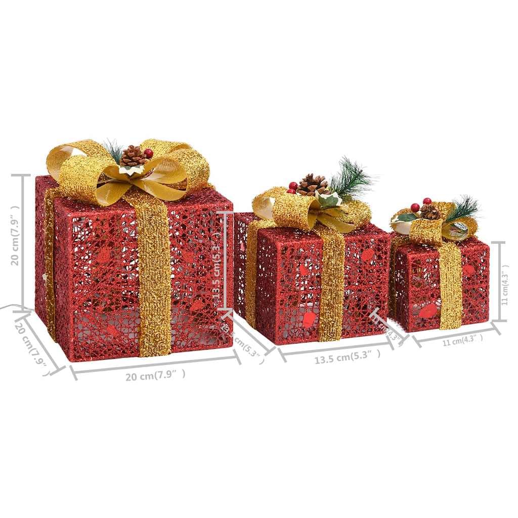 Geschenkboxen Deko-Set 3 Stk. Rot aus Textilgewebe mit 60 LEDs und 8 Lichteffekten, 5 m Kabel, für Weihnachtsbeleuchtung innen und außen, Fensterdeko, Garten, Terrasse