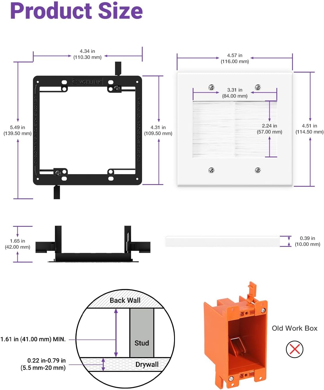 Diagram illustrating the materials used in the VCELINK brush wall plate: PC for the frame and Nylon for the bristles.