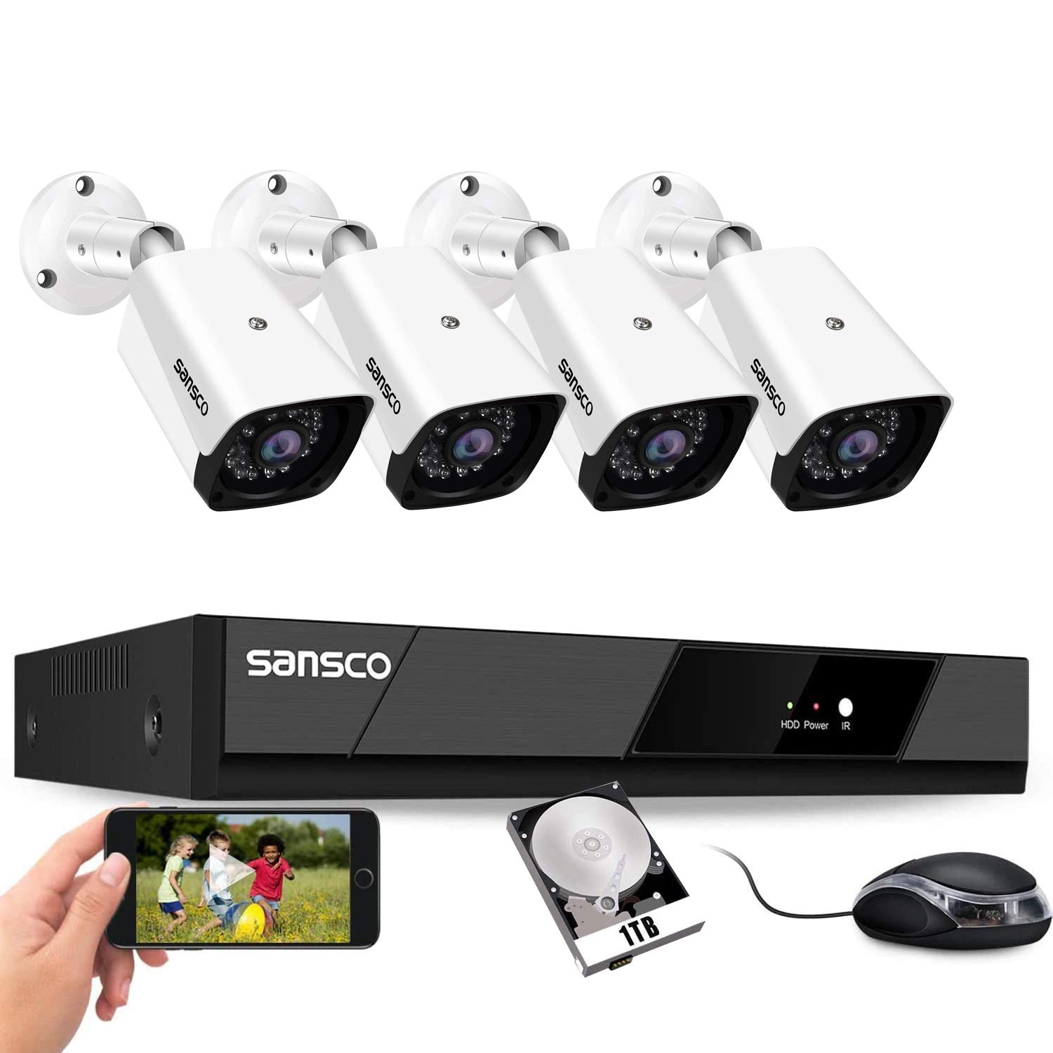 SANSCO 1080P Wired Security Cameras System, 8CH HD DVR with 1TB Hard Drive for 24/7 Recording, (4) 2MP CCTV Outdoor Indoor Waterproof Surveillance Cameras, Night Vision, Remote Access, Motion Alert