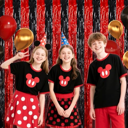 Image of BEISHIDA Red Black Door Streamers Backdrop Foil Fringe Tinsel Party Streamers Curtains Photo Backdrop - 2Pcs for Birthday Graduation Bachelorette Halloween New Year Party Decoations