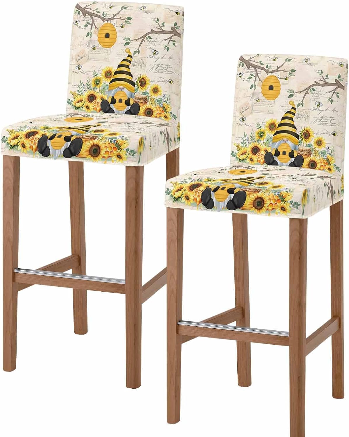 Gnomes Sunflower Bar Stool Cover Set of 6, Bees Branches Floral Farmhouse Stretch Bar Chair Cover, Removable Washable Pub Counter Stools Chair Slipcover for Kitchen Dining Room Pub Cafe