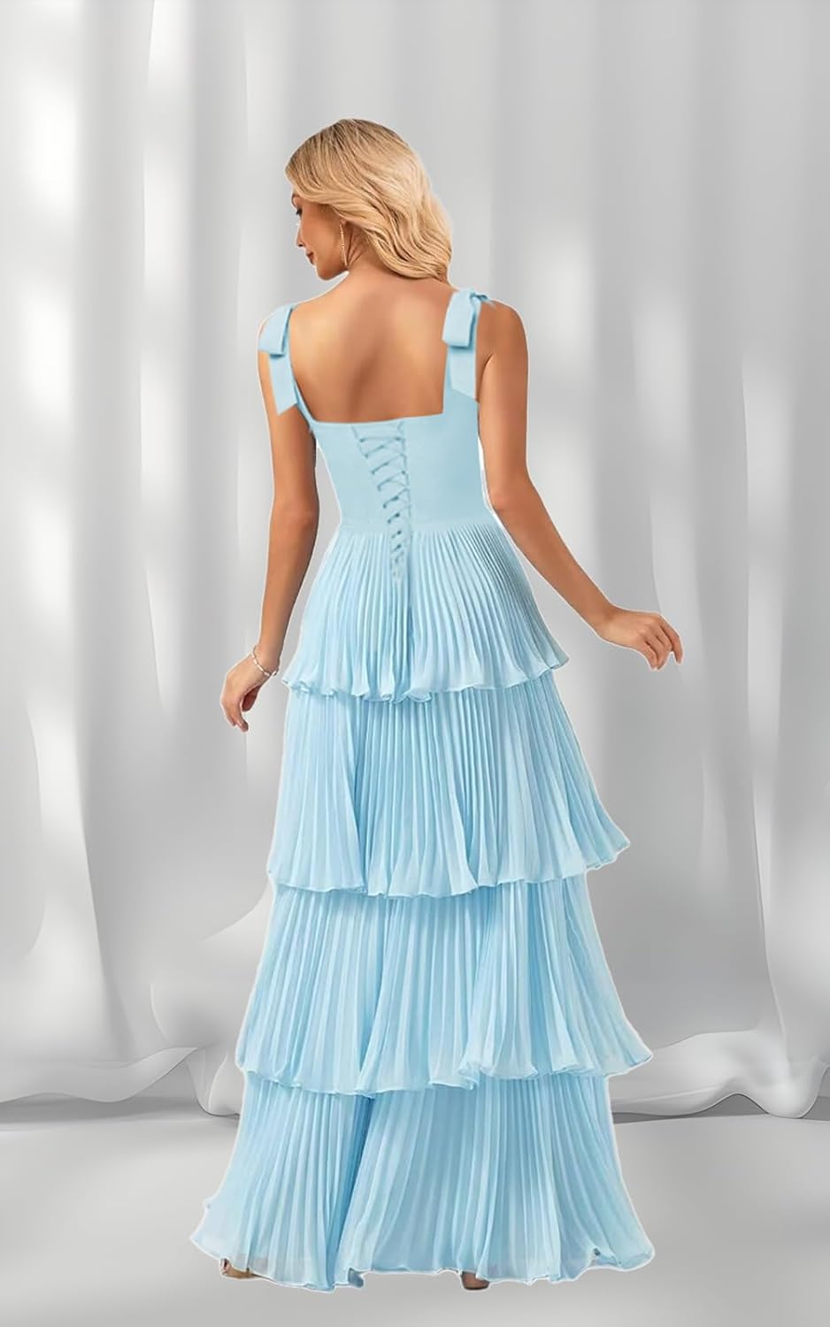 Women's Bow Straps Tiered Ruffle Bridesmaid Dresses Square Neck Long Pleated Chiffon Formal Evening Party Gowns - Image 2