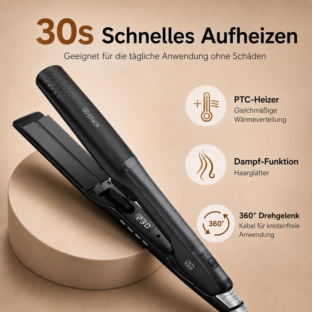 Glätteisen 2-in-1 Professionelles Haarglätter Lockenstab Golden Goods - Dampf & 42mm Breite Titanplatten Keramikbeschichtigung, LCD-Display, 25s schnelles Aufheizen &10 Temperaturstufen 100°C-230°C