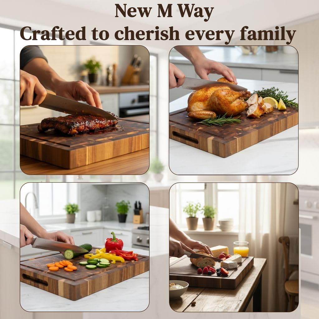 End Grain Acacia Wood Cutting Board 16" x 11" x 1.5", Extra Thick Butcher Block, Deep Juice Groove, Built-In Handles, Knife Friendly for Kitchen Prep, Meat Carving & BBQ by New M Way