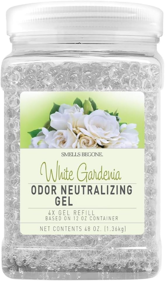 SMELLS BEGONE Odor Eliminator Gel Bead Refill - Eliminates Odors from Bathrooms, Cars, Boats, RVs and Pet Areas - Air Freshener - Made with Essential Oils - White Gardenia Scent - 48 Ounce