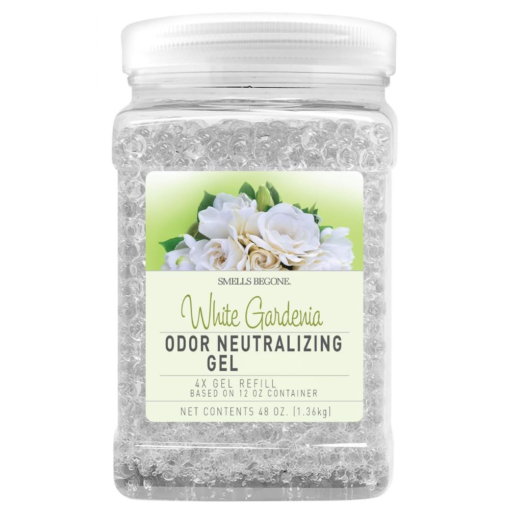 SMELLS BEGONE Odor Eliminator Gel Bead Refill - Eliminates Odors from Bathrooms, Cars, Boats, RVs and Pet Areas - Air Freshener - Made with Essential Oils - White Gardenia Scent - 48 Ounce