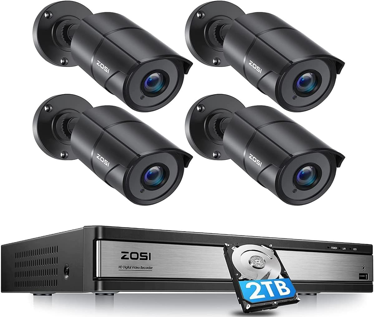 ZOSI H.265+ 16CH 5MP Lite 4-in-1 Surveillance DVR Recorders with 2TB HDD&4pcs 1080p Home Security 2MP 1920TVL HD-TVI Outdoor CCTV with 120ft IR Night Vision Bullet Camera for Home Security.