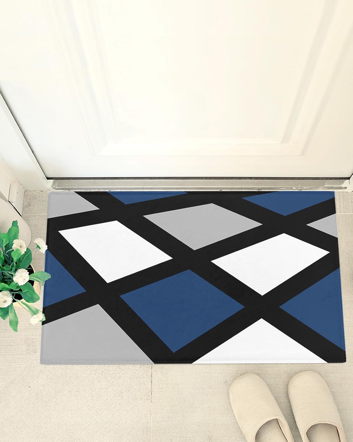 Geometric Plush Shag Bath Rugs Blue Grey White Diamond Squares Soft Fluffy Floor Doormat Carpet,Non-Slip Door Mats for Living Room Bedroom Kitchen Entryway Modern Abstract