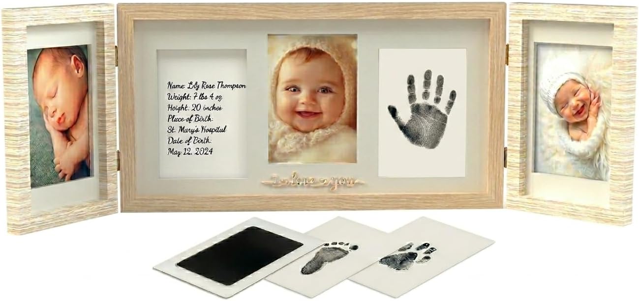 Baby Keepsake Photo Frame with Handprint and Footprint Kit Wood MDF Baby Memory Frame, Trifold Design with 5 Photo Display, Newborn Ink Print Kit