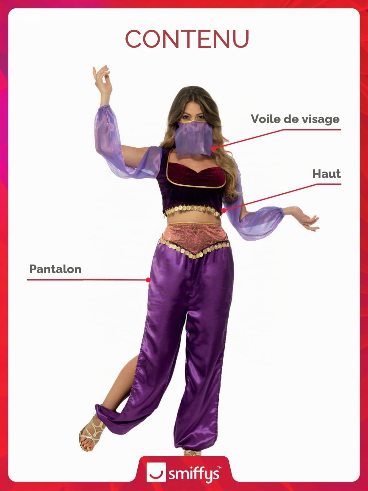 Smiffys Costume de princesse arabe, violet avec pantalon, haut et voile pour le visage, déguisement de princesse autour du monde