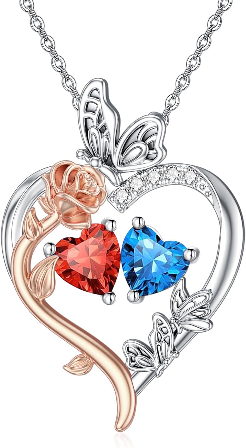 Valentine's Day Gifts for Women Heart Rose Butterfly Birthstone Pendant Necklaces 18k White Gold Plated Jewelry Anniversary Birthday Gifts Women Girlfriend Wife Mom Grandma
