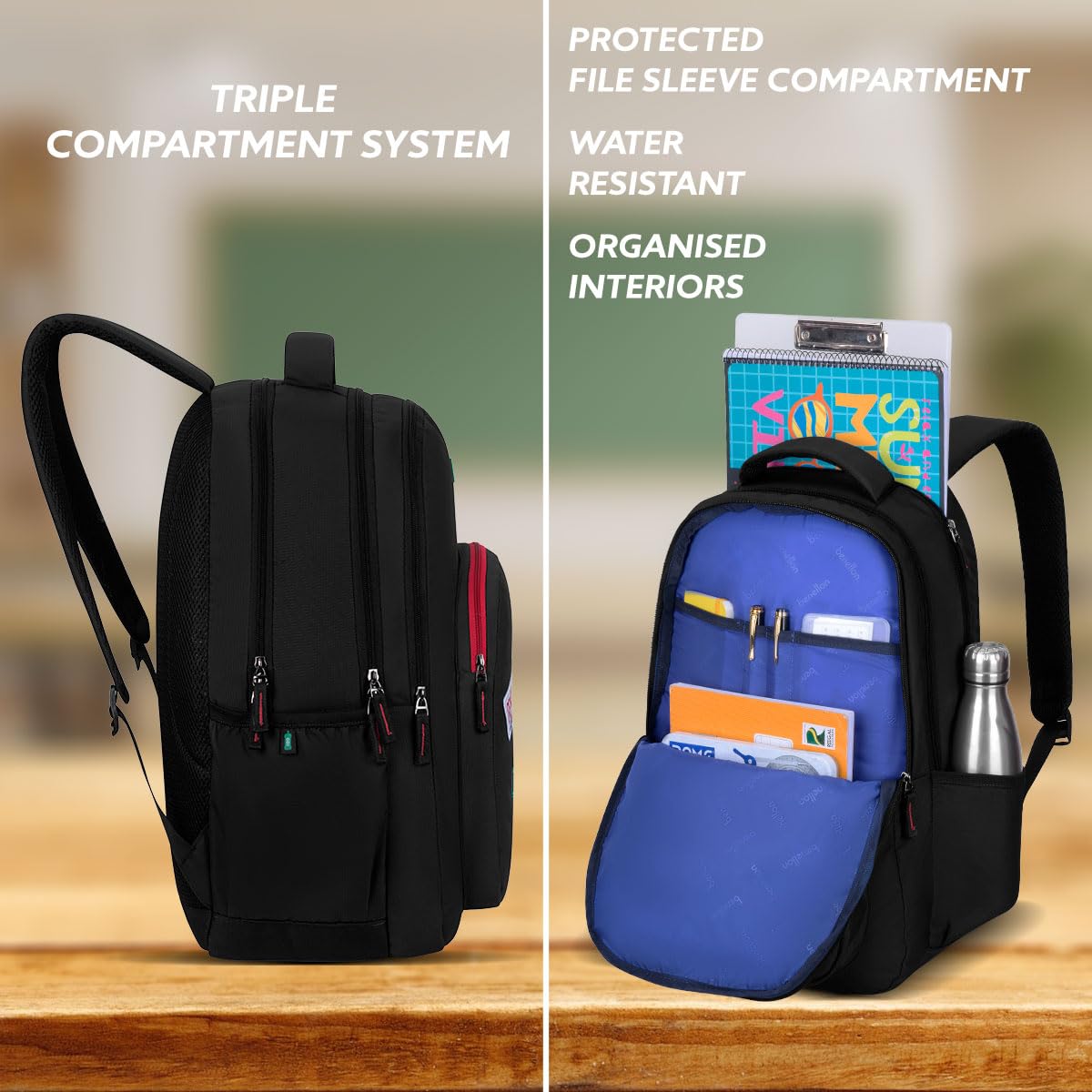 United Colors of Benetton Unisex High-School Backpack LEGEND - Black | 3-Compartment | Large Capacity Bag with Airmesh Padding | Backpack for School Girls and Boys | 28L Capacity 1