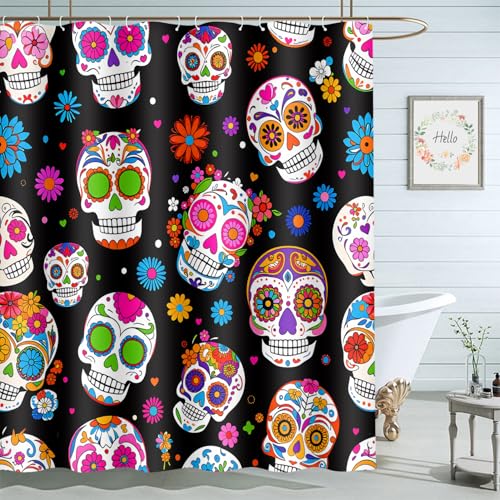 Moslion Sugar Skull Shower Curtain Set 72x72 Inch Halloween Skeleton Head Day of The Dead Bathroom Decor Waterproof Fabric Curtains with Hooks