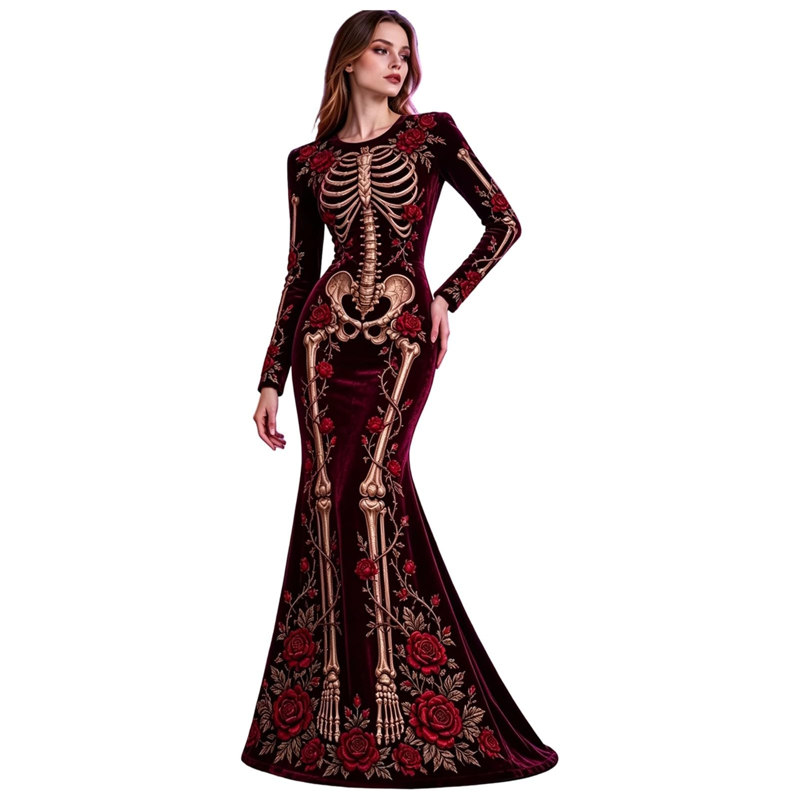 Women's Skeleton Print Mermaid Maxi Dress Long Sleeve Halloween Dresses for Women 3D Digital Print Floral Gothic Fancy Dress Costume — image 1