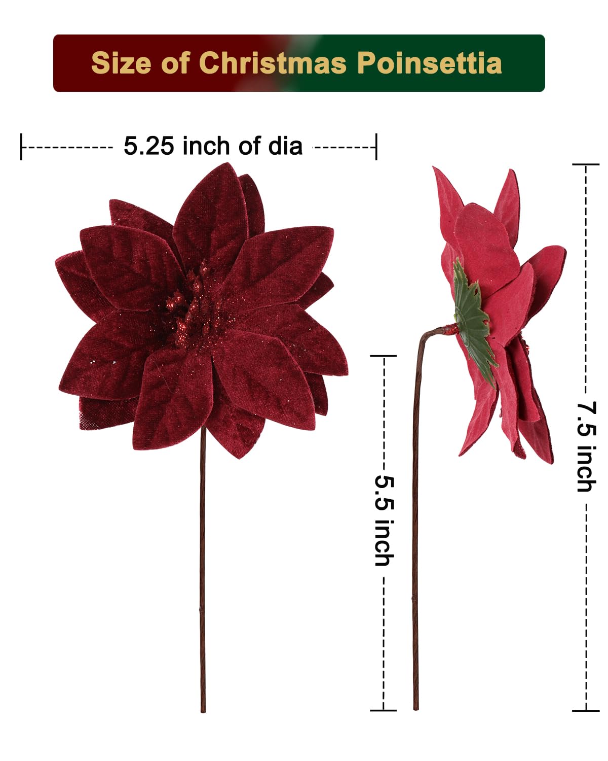 vensovo Lot de 12 fleurs de poinsettia de Noël rouge foncé pour sapin de Noël et couronne - Décorations florales pour bricolage, emballage cadeau et décoration d'intérieur - 12,7 cm