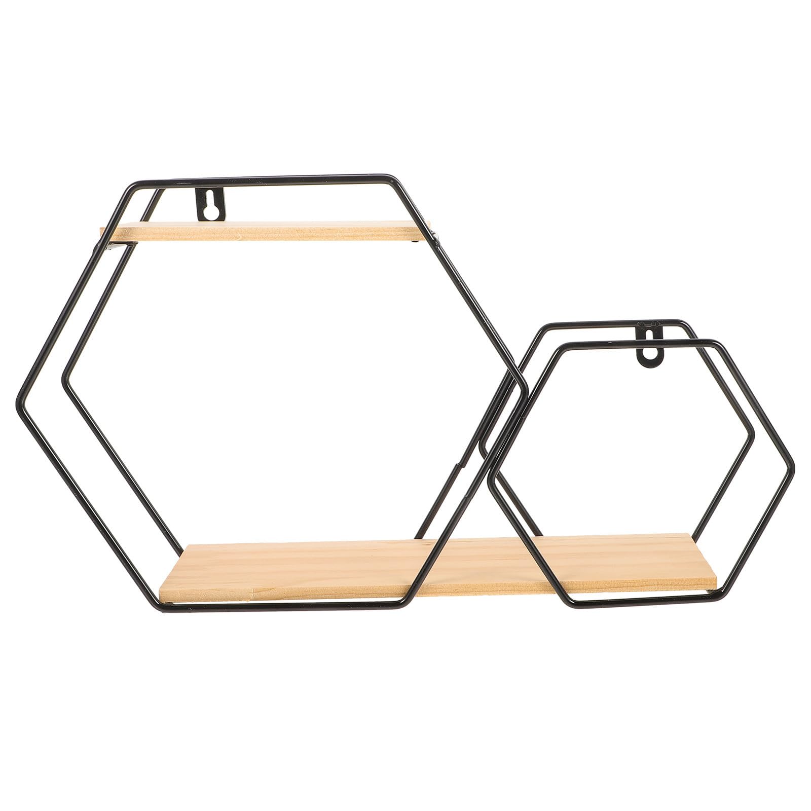 Estante flotante de estructura hexagonal robusta de metal y madera para libros y plantas