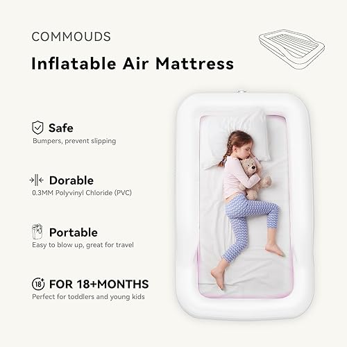 Miniatura 3 de COMMOUDS Cama de viaje portátil para niños pequeños con parachoques de seguridad, colchón inflable para niños con bomba eléctrica, colchón inflable