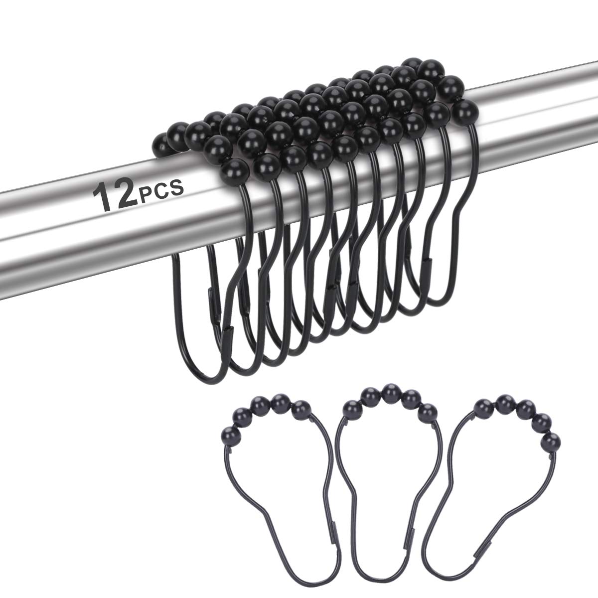 Life Master 12PCS Shower Curtain Hooks Rings Stainless Steel Metal Rust-Resistant Shower Curtain Rings for Bathroom Shower Rods Curtains - Polished Matte Black