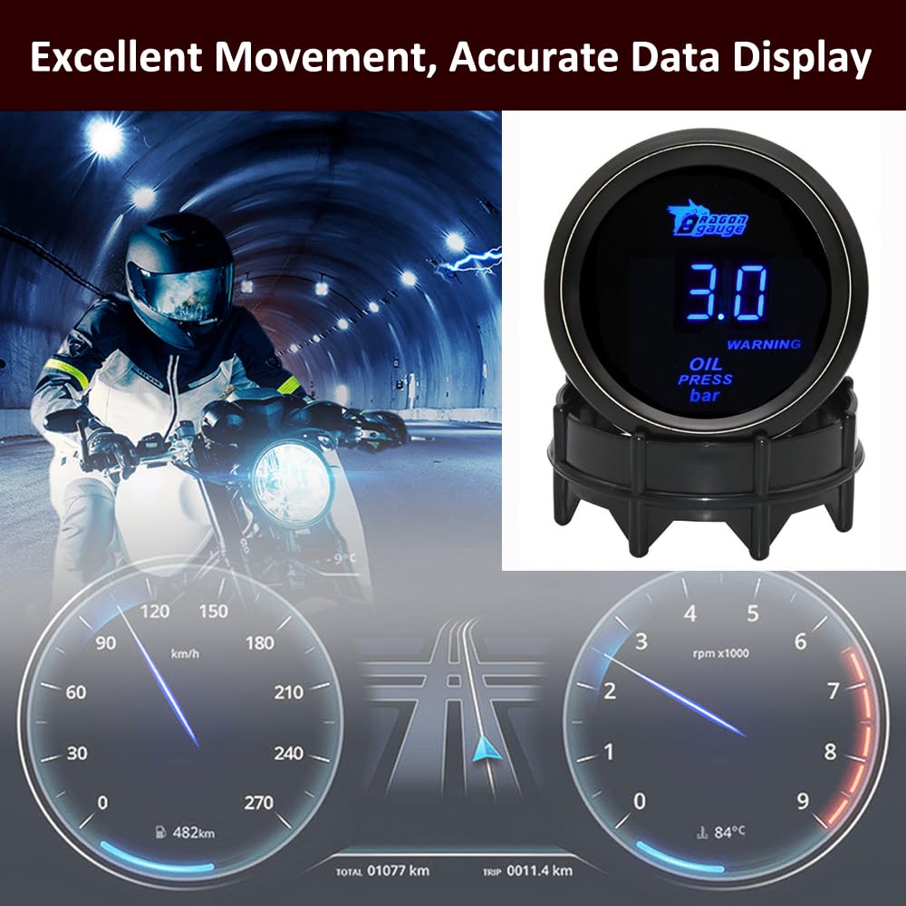 ETOPARS Universelle Auto Öldruckanzeige 2Zoll 52mm Auto Öldruckmesser Messgerät Digitales Bar Öldrucktester Anzeige Öldruck Blau Lichtanzeige Instrument Rauchtönung Len