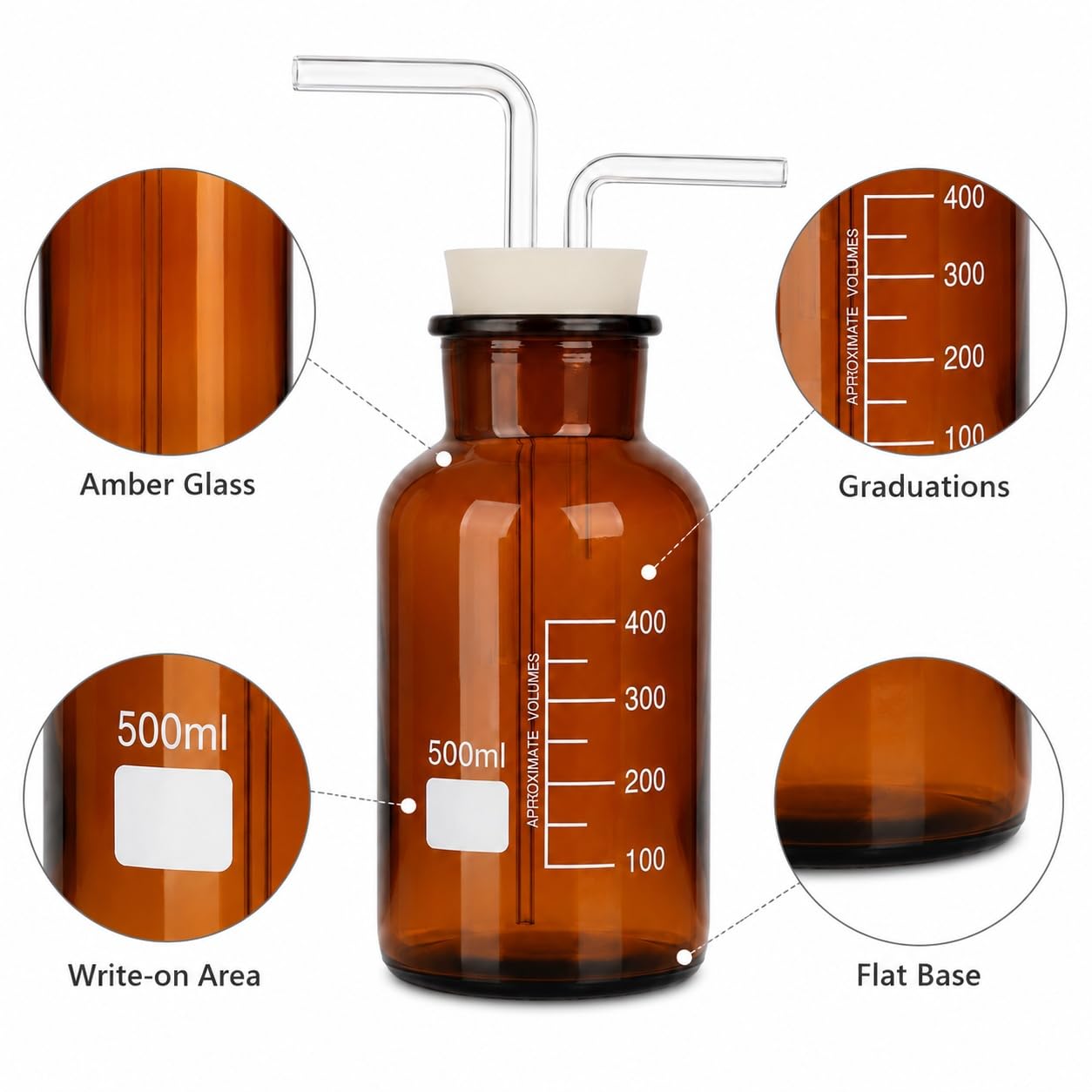 Frasco Borboteador Lavador Gas Vidrio Ámbar Tapón Goma Doble Orificio-1000ml