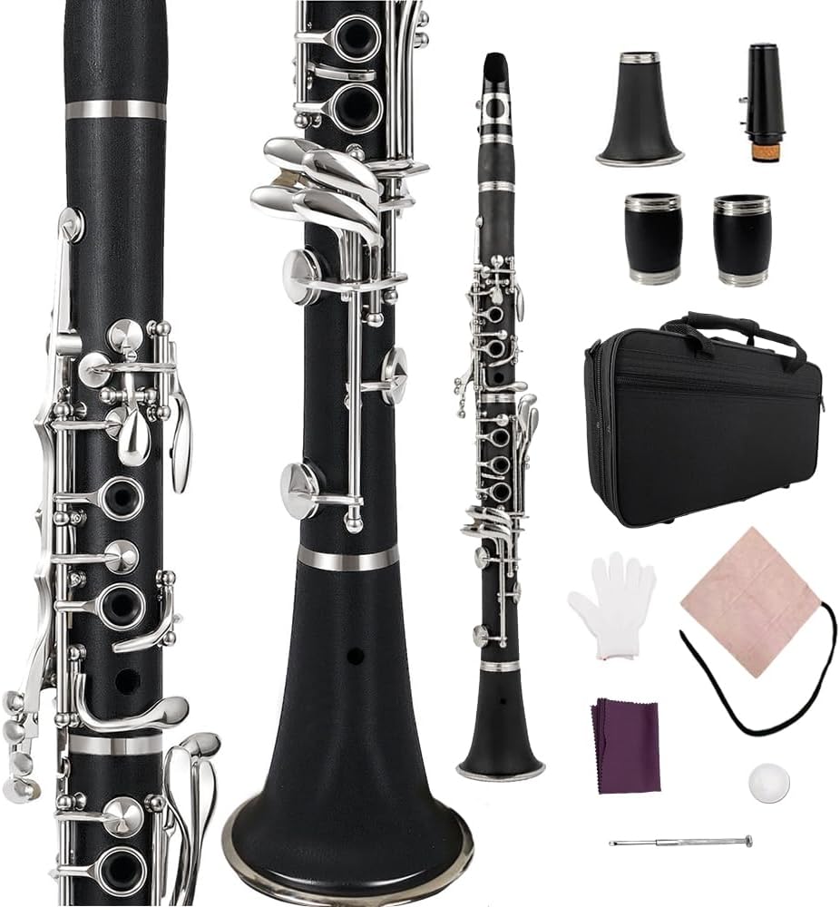 Yinfente Professional Ebonite Clarinete C Key Clarinet for Beginner Students with 2 Barrels Hard Case Cleaning Kit Mouthpice Cork Grease Gloves