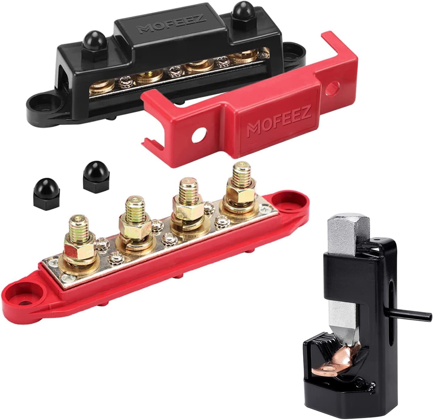 MOFEEZ Busbar Tool Set, Including 4 x 5/16" Power Distribution Block Bus Bar with Cover, Hammer Lug Crimper Tool for 8 AWG - 0000 AWG Battery and Welding Cables
