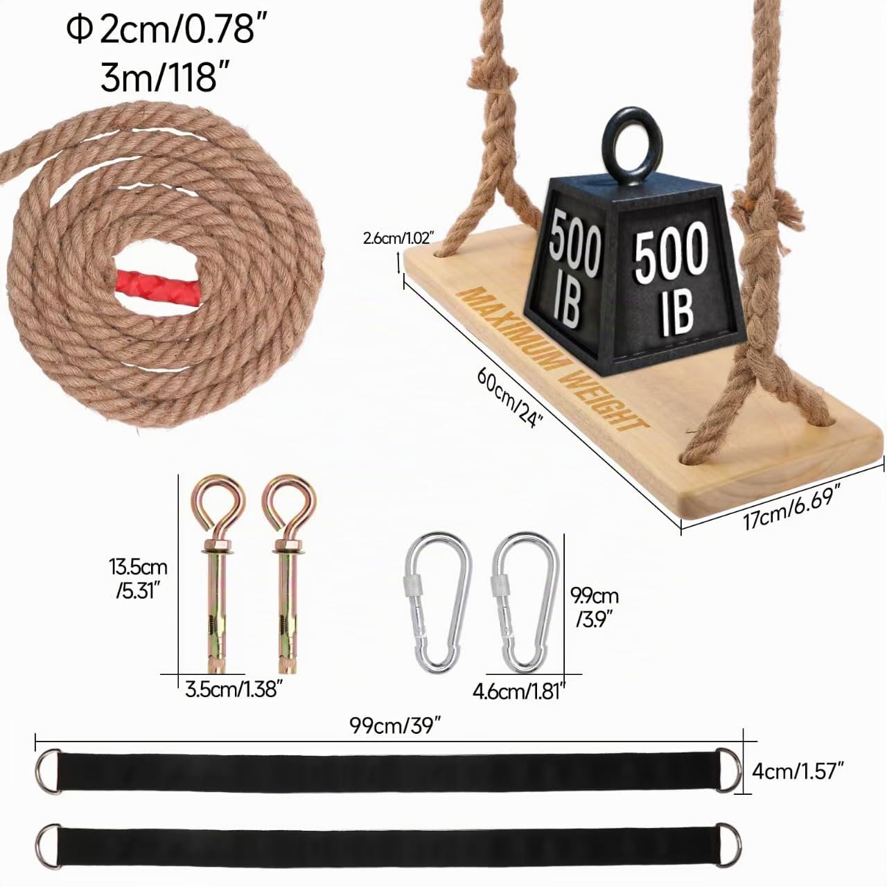 Altalena in legno da appendere per adulti, capacità 226,8 kg, corda di canapa regolabile, set di altalene da appendere per interni ed esterni, perfetto per patio, cortile, soffitto, include accessori