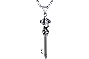 Mens Stainless Steel Crown Key Pendant Necklace with 24 Inches Link Chain