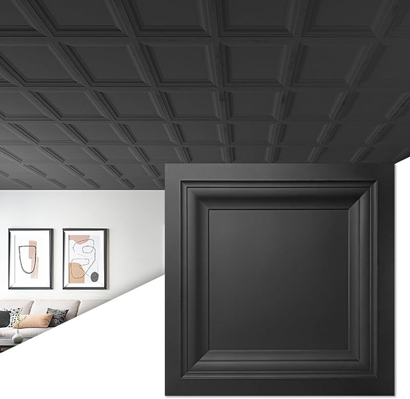Art3d 12-Pack PVC Waterproof Drop Ceiling Tiles, 2 x 2 ft, Square, Black | Lightweight, Easy to Clean, Compatible with 15/16" Grid System, Suitable for Kitchen, Bathroom