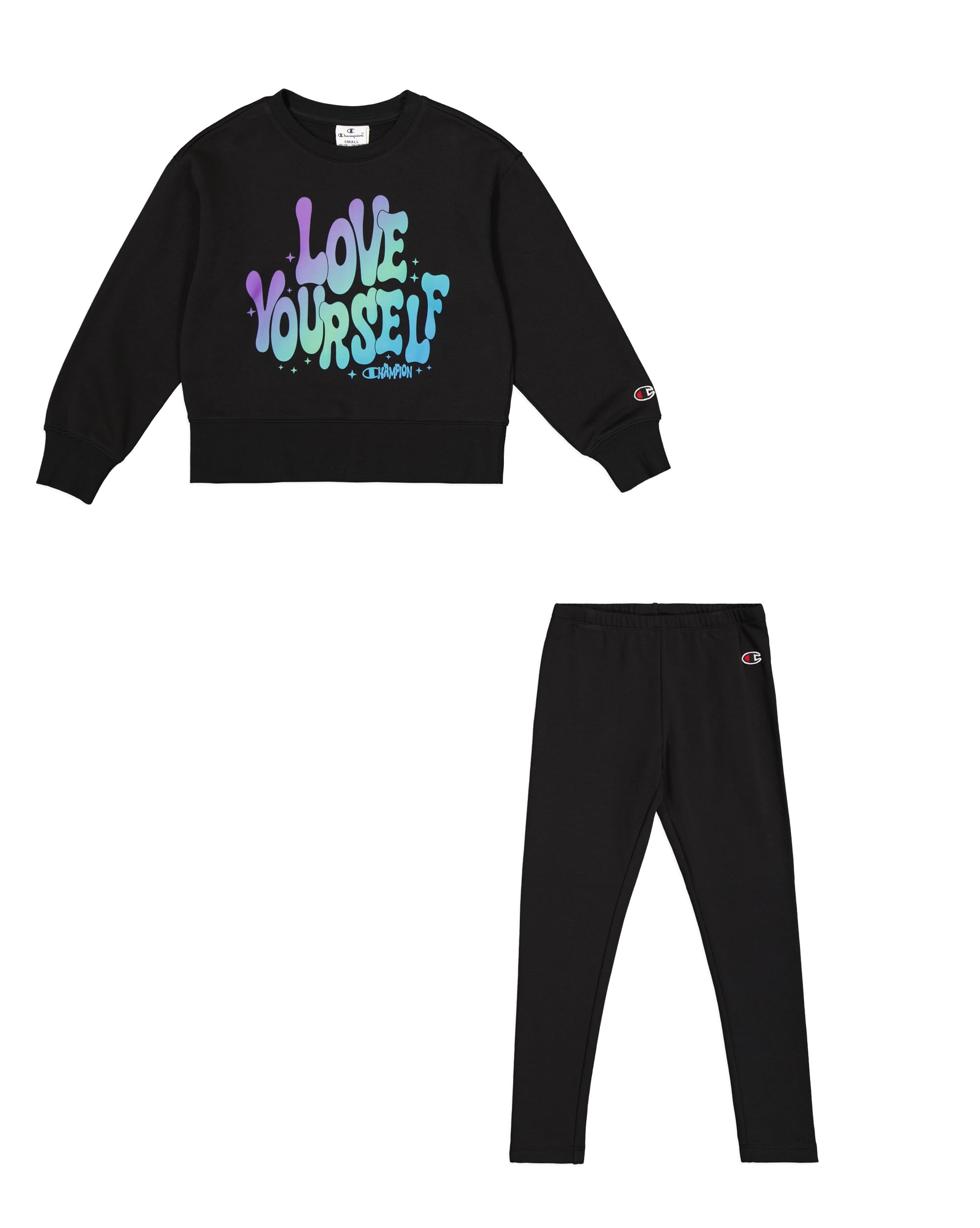 Champion Girl's Legacy Script Shop G (405043) - Ultra-light Soft Compact Powerblend Fleece Crewneck & Leggings Suit, Nero,
