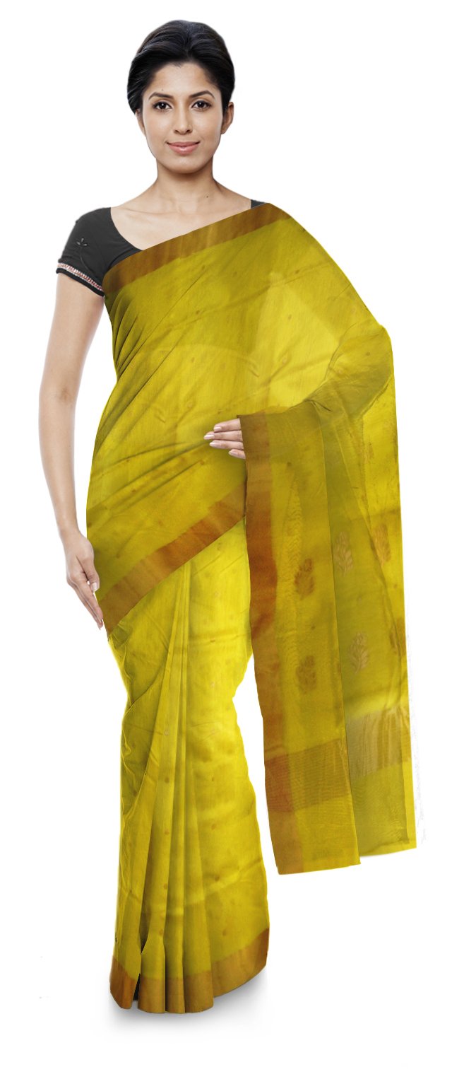 CHANDERI HANDLOOM CLU.DEV.PRO.CO.LTD Women's Cotton and Silk Saree with Blouse Piece (Yellow)