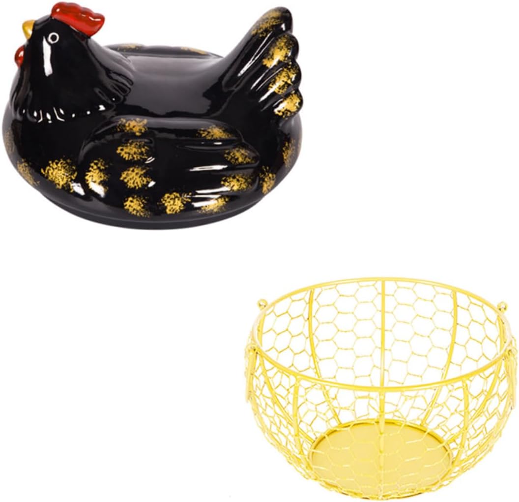 Iron Art Egg Basket with Chicken Lid, Kitchen Storage Wire Basket for Eggs and Fruit, Black and Gold Rustic Decorative Holder for Home and Countertop Use