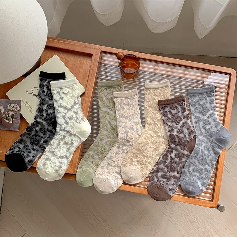 Image of Alafime Coquette Aesthetic Mesh Socks for Women - 7 Pairs Kawaii Embroidered Florals Y2K Full Tube Sheer Socks