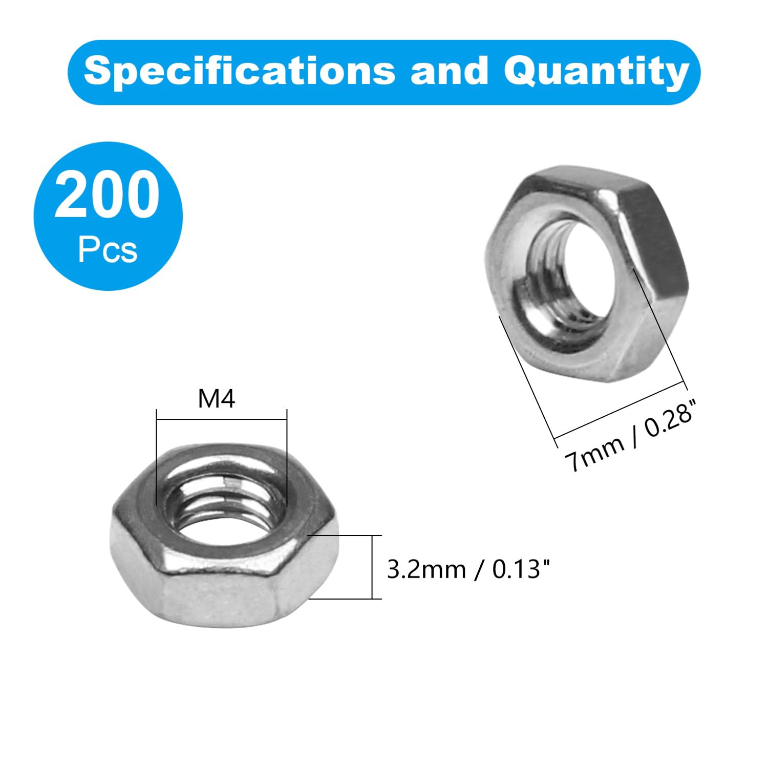 200pcs M4-0.7 Hex Nut, 304 Stainless Steel Nuts image 2