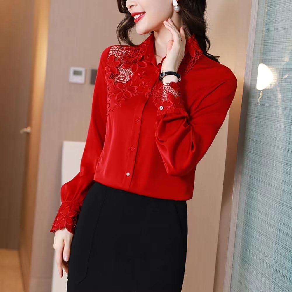Women's Korean Silk Shirt Hollow Out Embroidery Blouse Office Lady Long Sleeve Shirt Top
