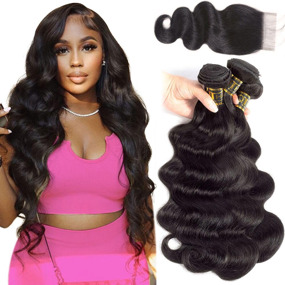 QTHAIR 18A Grade Body Wave Bundles Human Hair with HD Lace Closure Brazilian Virgin Hair Bundles 100% Unprocessed Body Wave Human Hair Bundles With