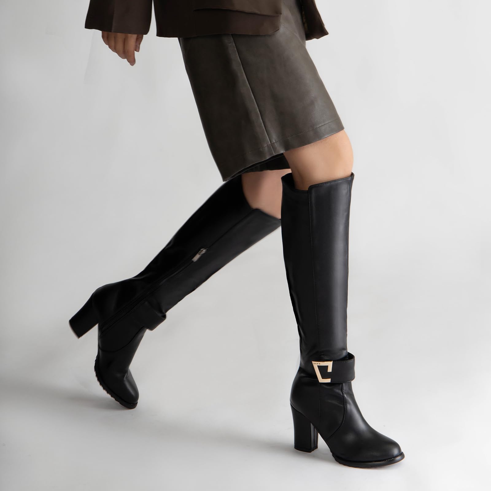 Onewus Bottes pour Femmes avec Talon Carré et Bottes à Tige Longue Zippée
