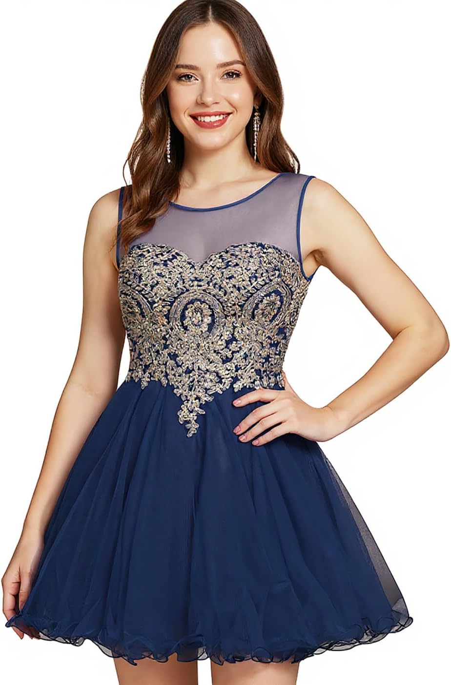 MisShow Tulle Homecoming Dresses for Teens Gold Lace Applique Short Prom Gown Sleeveless Cocktail Party Dresses