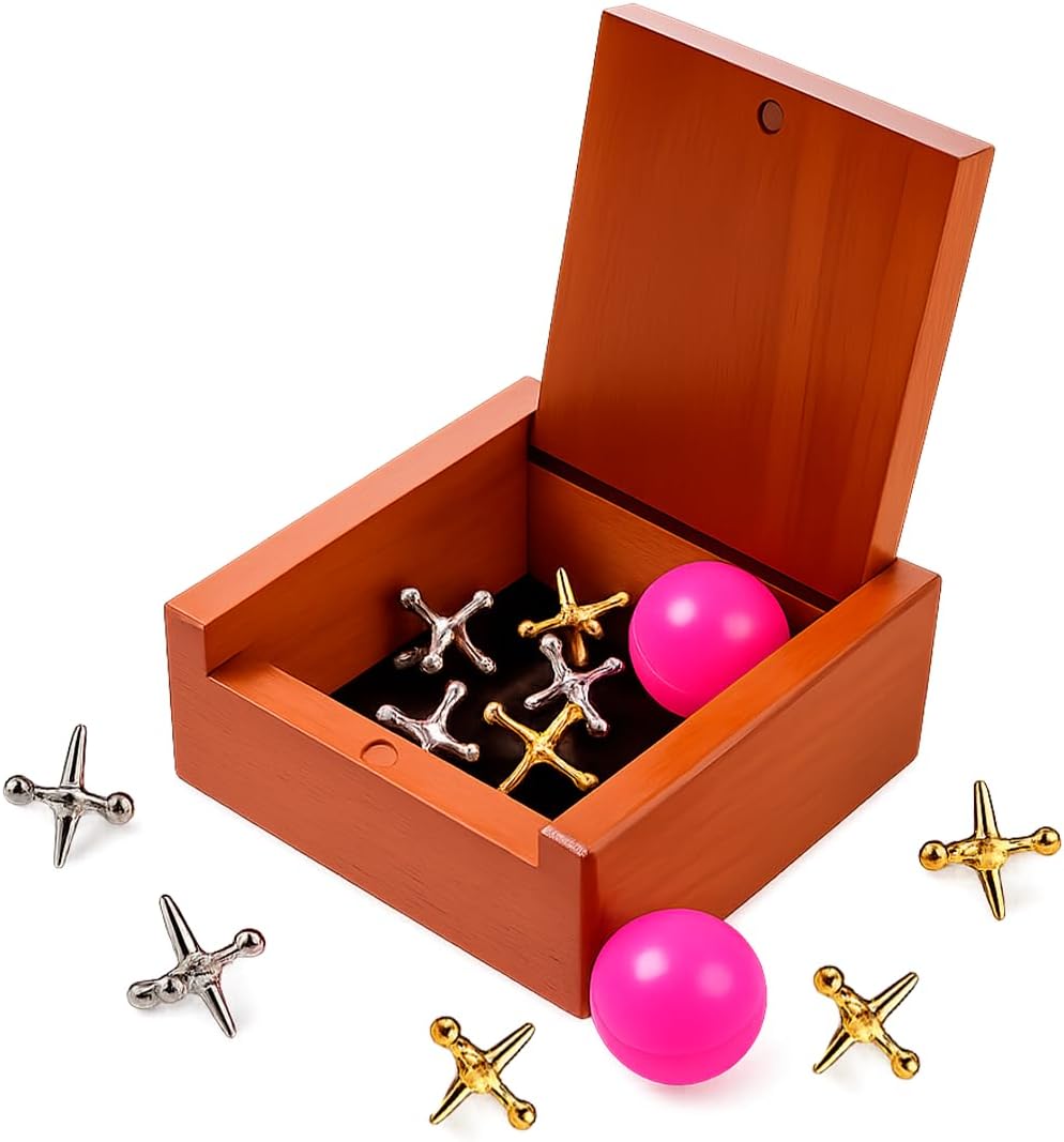 Playbees Metal Jacks Game Set - 12 Sets - Retro Kids' Entertainment with Metallic Jacks and Bouncy Ball - Classic Jacks Game for Fun and Skill Development