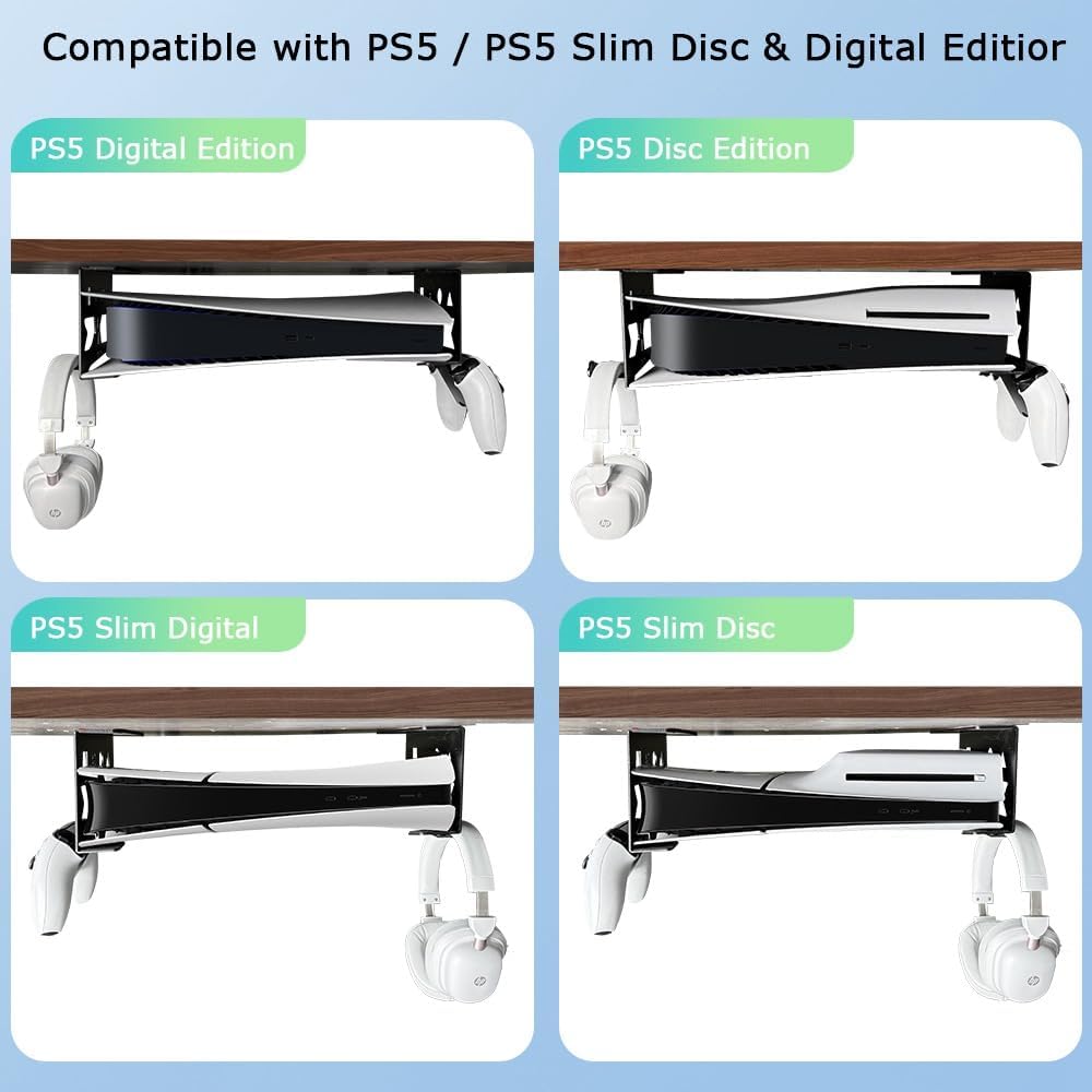 Aluminum Under Desk Mount for PS5/PS5 Slim/ PS5 Pro Digital & Disc, Securing Under Desk Bracket with Detachable Controller & Headphone Holder Kit No Drill (Black)