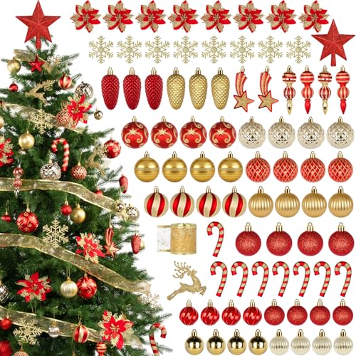 Roberly 106 Pcs Christmas Balls Ornaments Set, Red & Gold Christmas Tree Decorations Shatterproof Plastic Hanging Baubles Pendants Christmas Flowers Tree Topper for Xmas Tree Holiday Party Home Decor