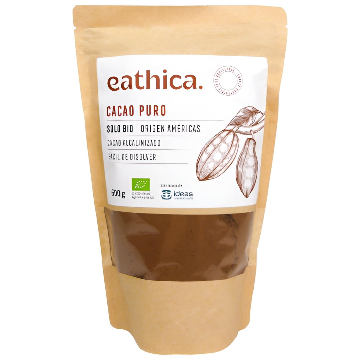 Cacao Puro Eathica Solo Bio 600 g, cacao ecológico alcalinizado 100%, ideal para bebidas, batidos, yogures, repostería y postres, sabor intenso y versátil.