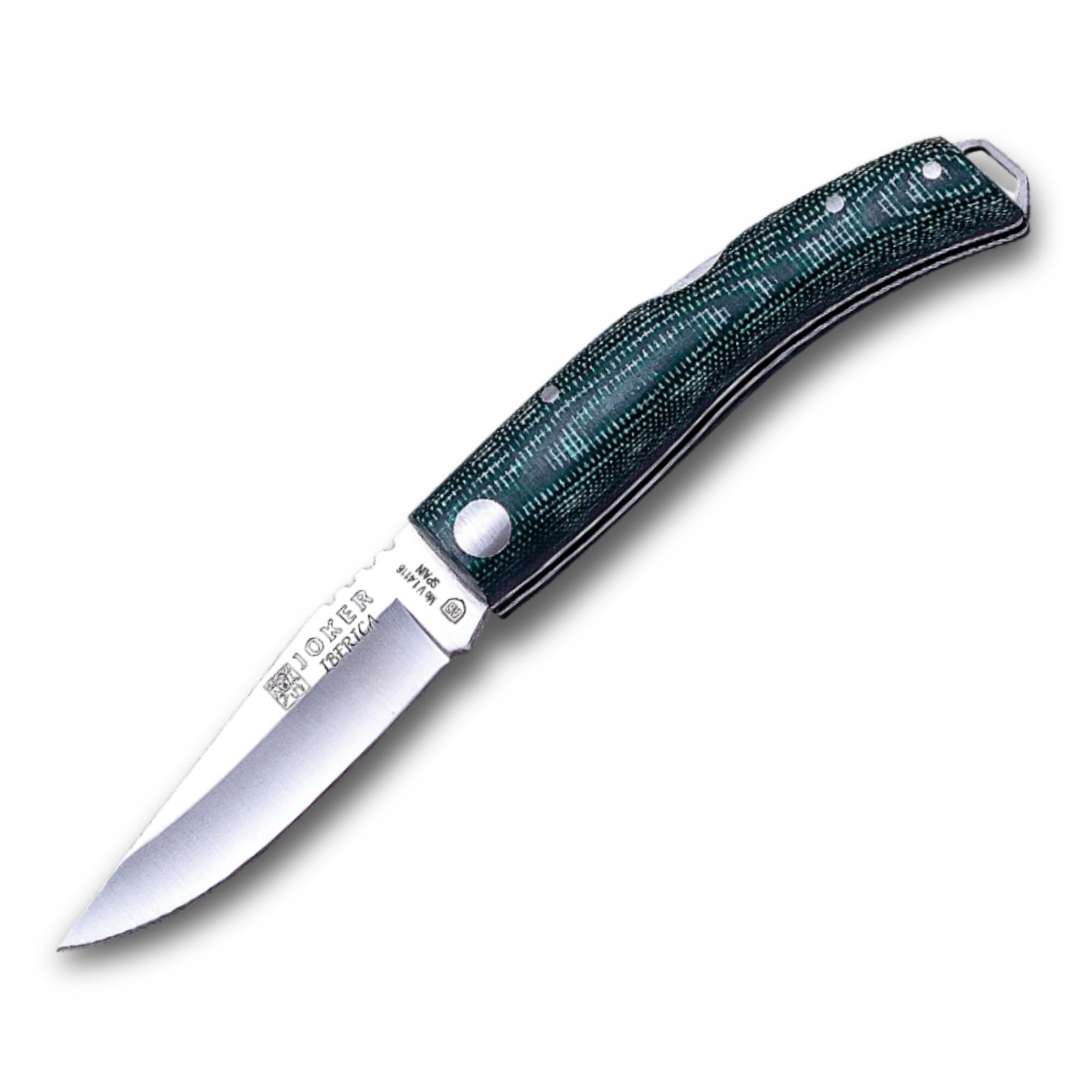 Joker Navaja deportiva Ibérica NV138, mango micarta verde, hoja de 7,5 cm MOVA, con cordón de cuero, herramienta de pesca, caza, camping y senderismo