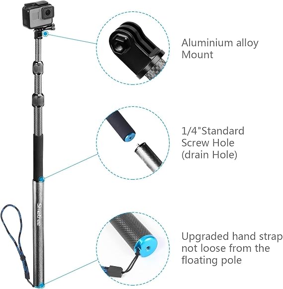Smatree Selfie Stick Carbon Fibre, S3C Carbon Fiber Detachable Extendable Floating Pole for GoPro Max,GoPro Fusion/Session/HERO 2018,HERO10/9/8/7/6/5/4/3/Osmo Action 2