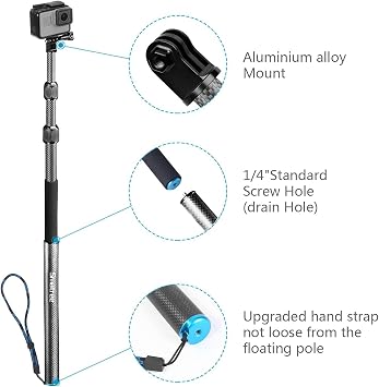 Smatree Selfie Stick Carbon Fibre, S3C Carbon Fiber Detachable Extendable Floating Pole for GoPro Max,GoPro Fusion/Session/HERO 2018,HERO10/9/8/7/6/5/4/3/Osmo Action 2
