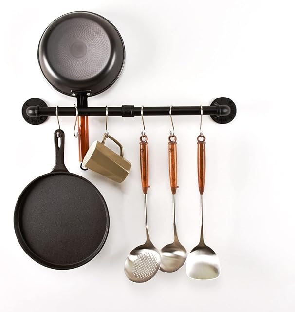 LINKPIPES Pipe Pot Pan Rack Wall Mounted Industrial Utensil Lid Holder Cookware Hanger Kitchen Organizer Hanging Bar Rail with S Hooks(24 inch,Black)